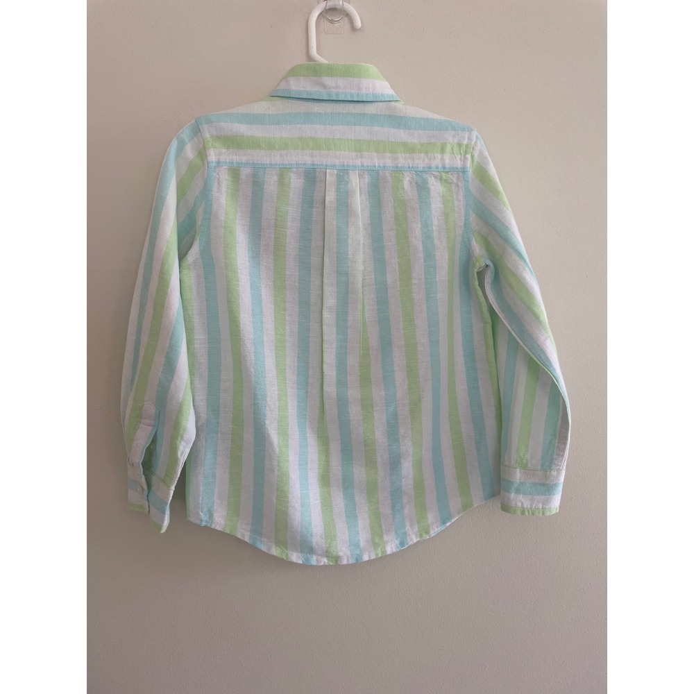 Janie and Jack x Gray Malin Boys Striped Linen Cotton Shirt Green Blue Size 4 - Picture 7 of 12